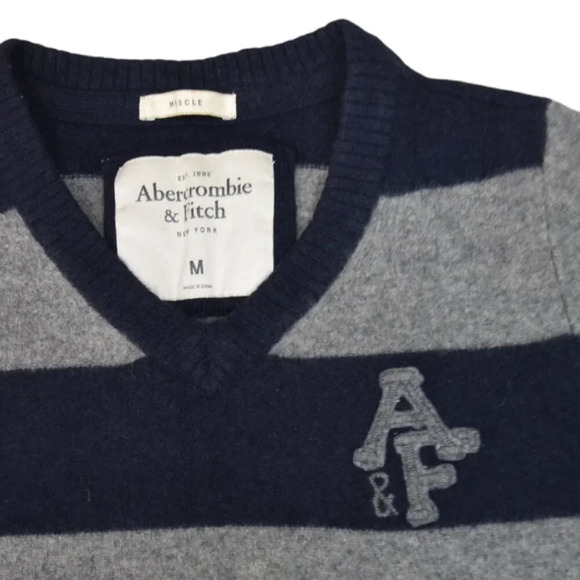 Abercrombie & Fitch Men's Rugby Wool Sweater Size Medium Fits Small Navy Grey - Picture 3 of 7